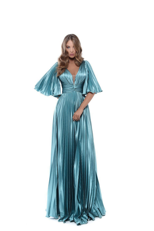Tarik Ediz - 50450 Ruched Plunging V-Neck A-Line Gown In Blue