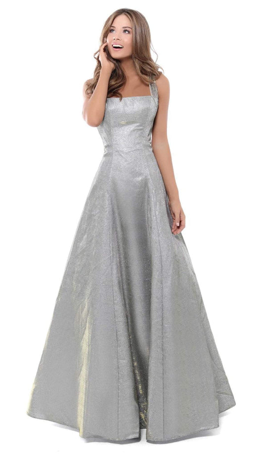 Tarik Ediz - 50451 Embellished Square Neck A-line Dress In Gray