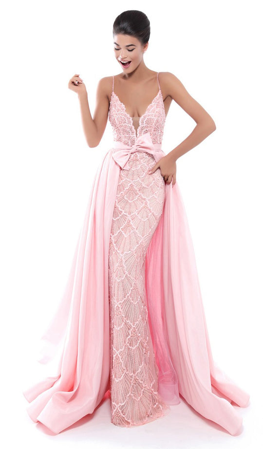Tarik Ediz - 50452 Bedazzled Deep V-neck Dress With Overskirt In Pink