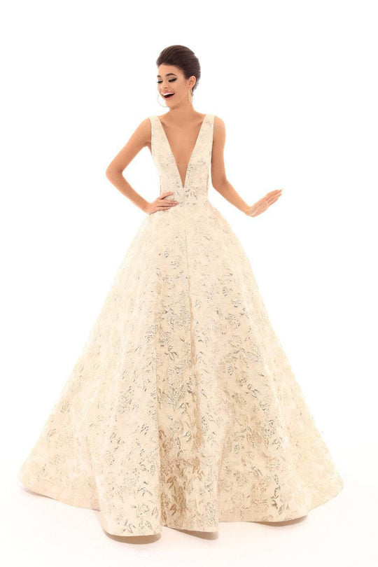 Tarik Ediz - 50457 Embroidered Deep V-neck Ballgown In White