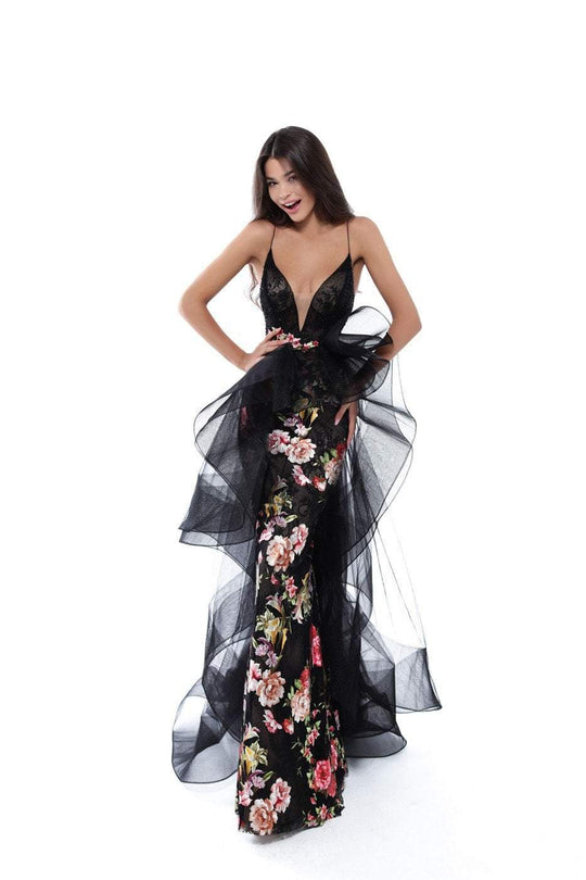 Tarik Ediz - 50458 Floral Embroidered Plunging Evening Dress