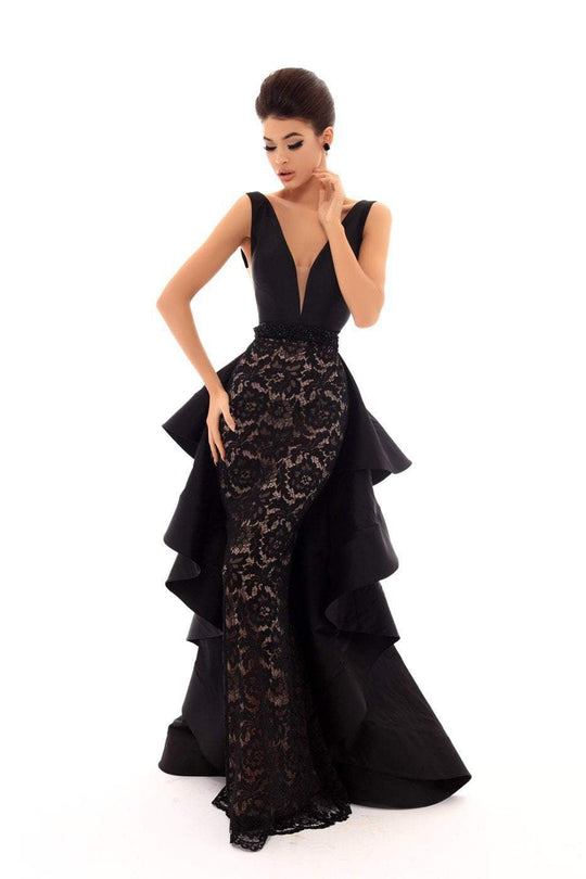 Tarik Ediz - 50463 Plunging V Neck Gown with Ruffled Overskirt