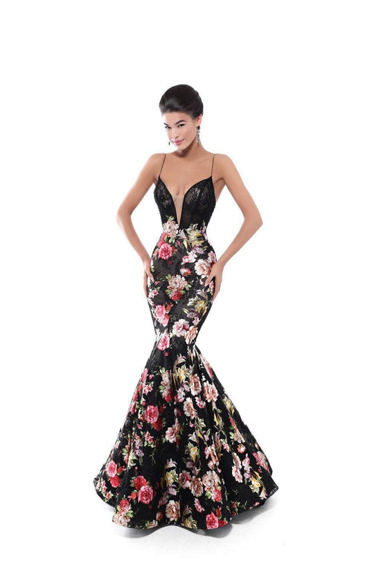 Tarik Ediz - 50467 Plunging V-Neck Floral Mermaid Gown In Black