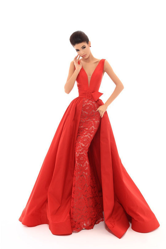 Tarik Ediz - 50468 Plunging V-Neck Gown with Detachable Overskirt In Red