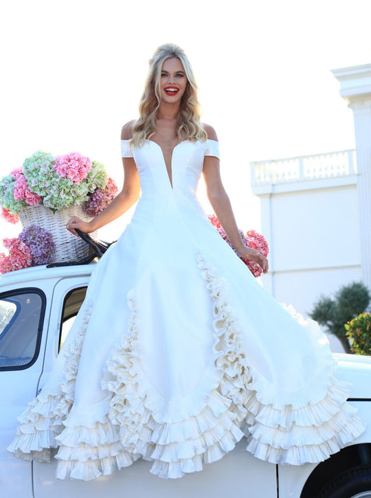 Tarik Ediz - 50472 Plunging Off-Shoulder Taffeta Ruffled Ballgown In White