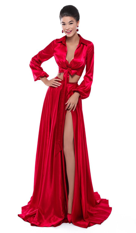 Tarik Ediz - 50476 Two Piece Lace Satin A-line Dress In Red