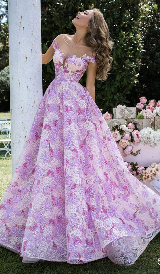 Tarik Ediz - 50491 Floral Lace Illusion Neck Ballgown In Pink
