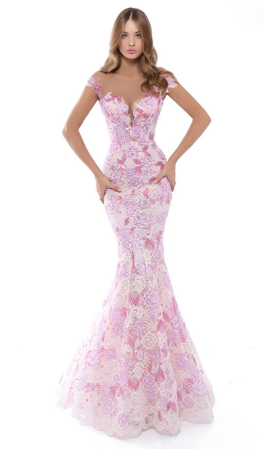Tarik Ediz - 50493 Floral Lace Cap Sleeve Mermaid Gown With Train In Pink