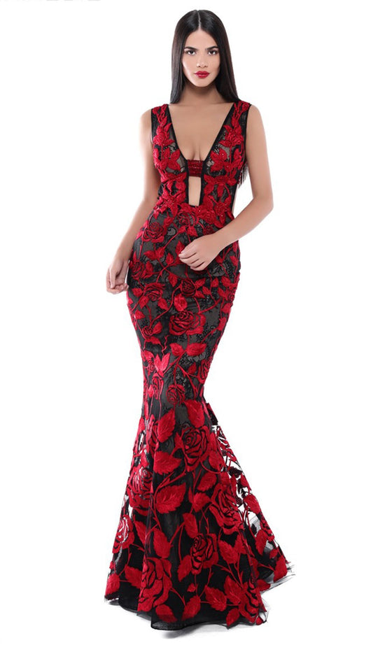 Tarik Ediz - 50502 Embellished Floral Lace Mermaid Dress In Black and Red