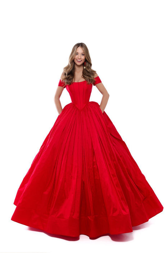 Tarik Ediz - 50509 Off Shoulder Corset Bodice Solid Taffeta Ballgown In Red