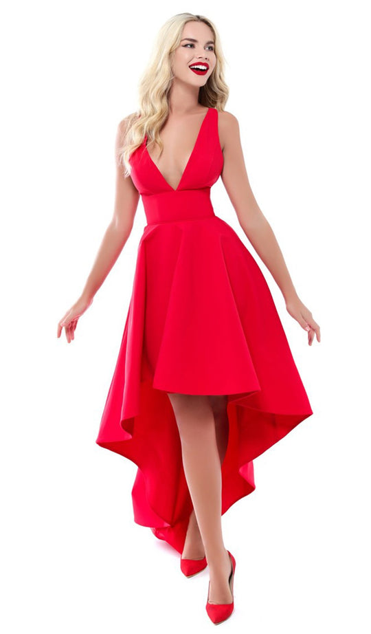 Tarik Ediz - 50523 Plunging V-Neck Strappy High Low Gown In Red