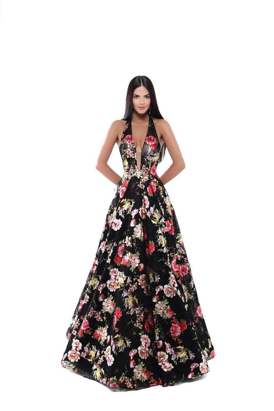 Tarik Ediz - 50534 Plunging V-Neck Floral Lace Evening Gown In Black