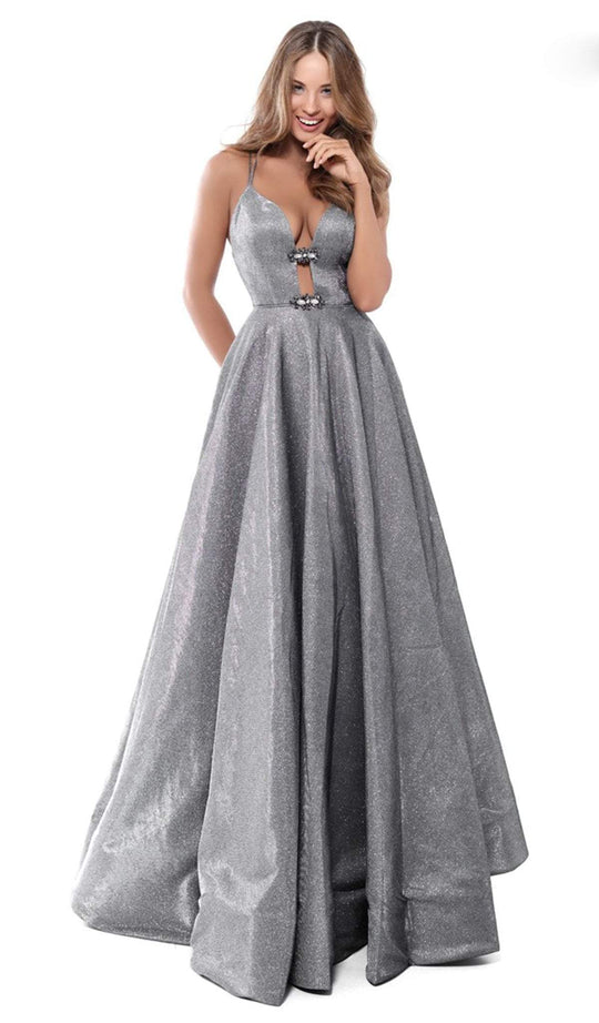 Tarik Ediz - 50542 Embellished Deep V-neck A-line Dress In Gray