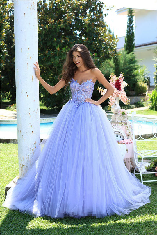 Tarik Ediz - 50555 Rose Embroidered Strapless Pleated Ballgown In Purple