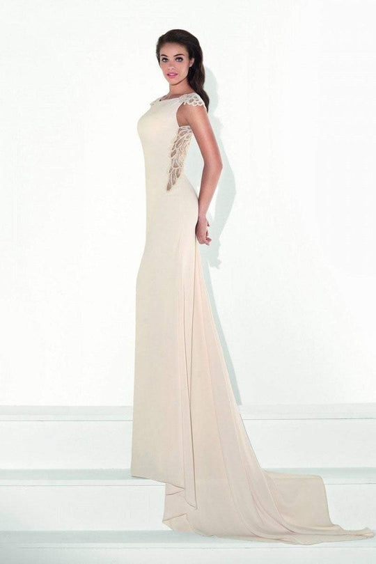 Tarik Ediz - 92826 Lace Cap Sleeve Bateau Sheath Dress In White