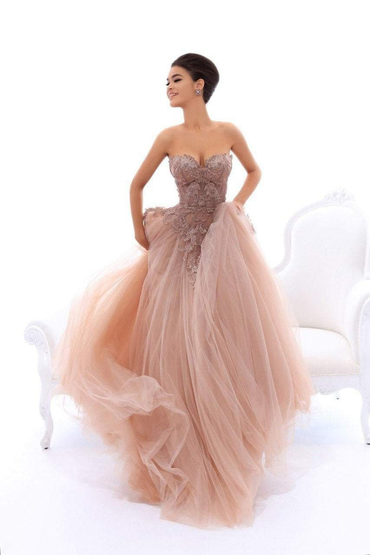 Tarik Ediz - 93409 Beaded Sweetheart Tulle Ballgown In Gray and Neutral