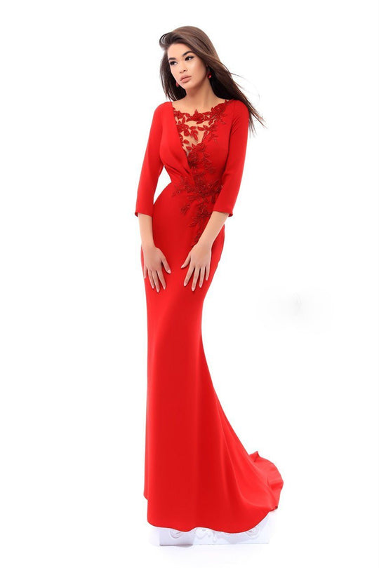Tarik Ediz - 93410 Crystal Beaded Illusion Bateau Sheath Dress In Red