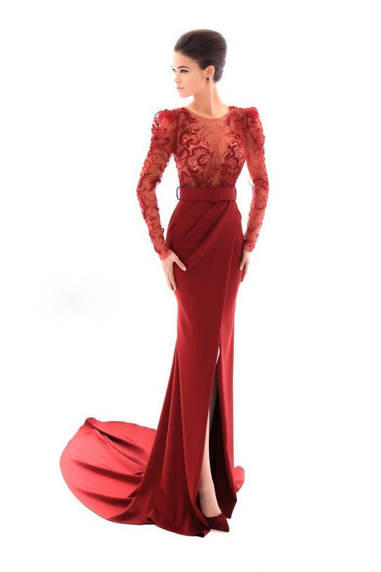 Tarik Ediz - 93412 Embroidered Illusion Jewel Sheath Dress In Red