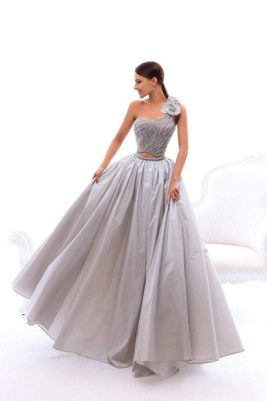 Tarik Ediz - 93413 Two Piece Bedazzled One Shoulder Ballgown In Silver