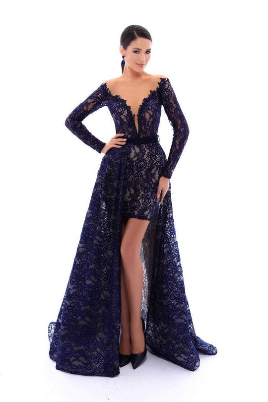Tarik Ediz - 93416 Lace Long Sleeve Mini Dress with Overskirt In Blue