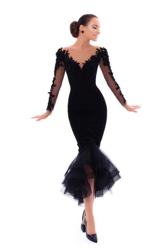 Tarik Ediz - 93417 Floral Embroidered Sheer Fitted Tulle Dress In Black