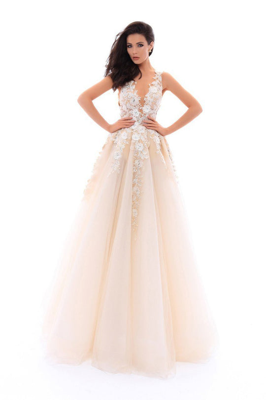 Tarik Ediz - 93420 Trailing Jeweled Floral Applique Tulle Ballgown In White