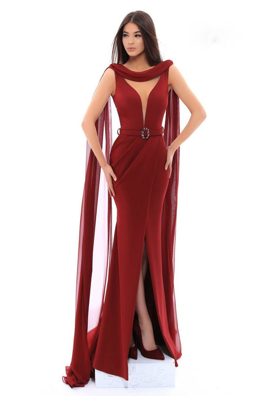 Tarik Ediz - 93427 Bateau Neck Sheath Dress With Draping In Red