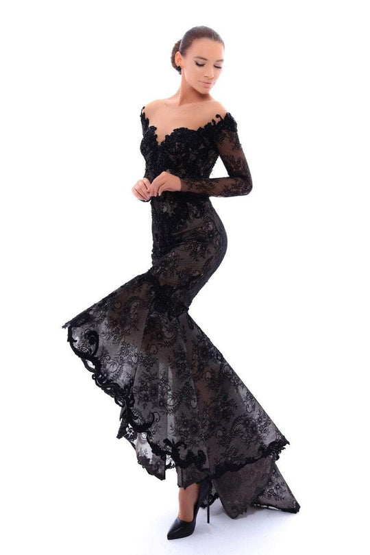 Tarik Ediz - 93432 Beaded Lace High Low Trumpet Dress In Black
