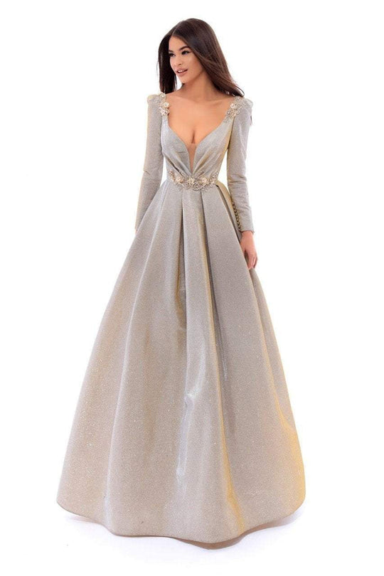 Tarik Ediz - 93433 Long Sleeve Deep V-neck Ballgown In Gold