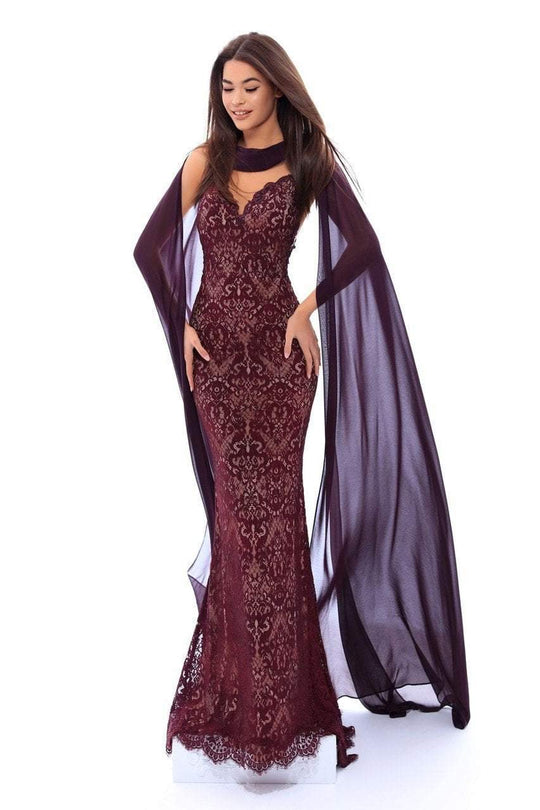 Tarik Ediz - 93435 Lace V-neck Sheath Dress with Shawl In Purple
