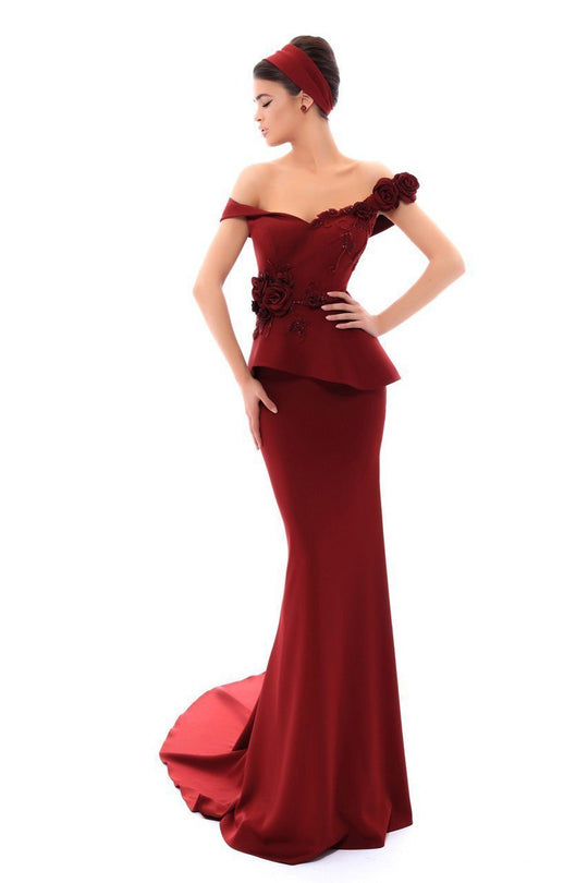 Tarik Ediz - 93436 Applique Off-Shoulder Sheath Dress In Red