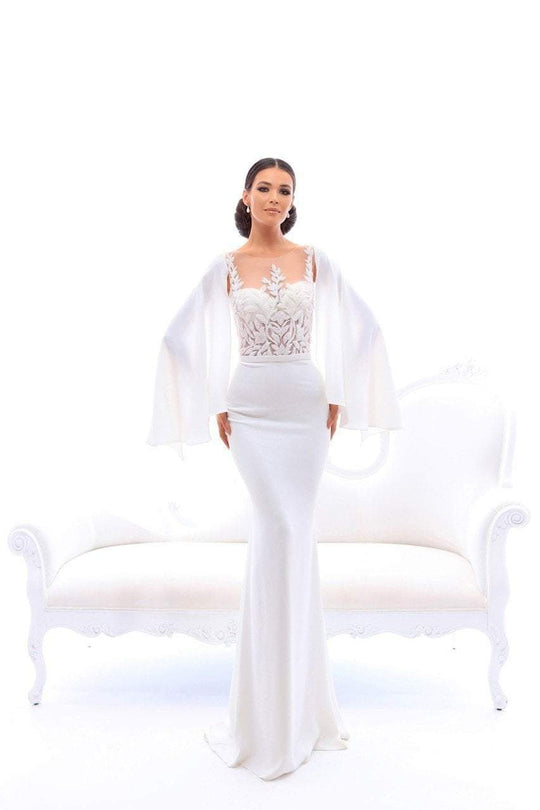 Tarik Ediz - 93458 Cape Sleeve Trailing Beadwork Sheath Gown In White