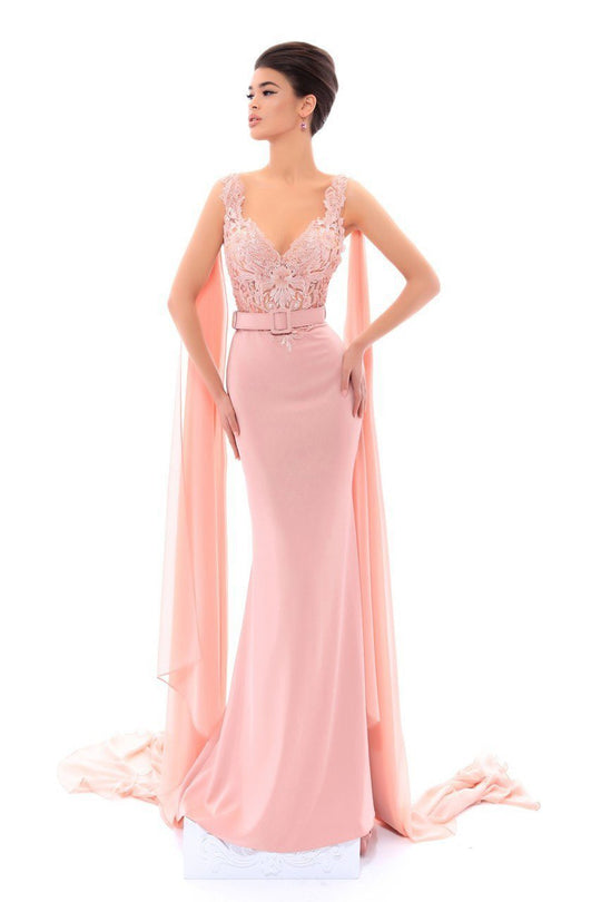 Tarik Ediz - 93471 Embroidered V-neck Sheath Dress In Pink