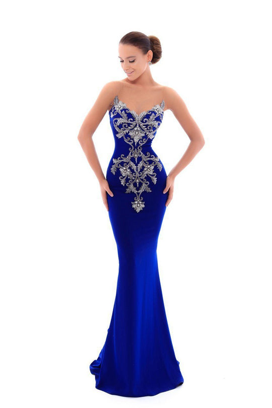 Tarik Ediz - 93474 Metallic Beaded Crepe Mermaid Gown In Blue