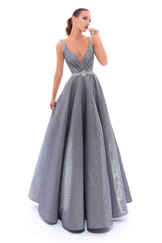 Tarik Ediz - 93479 Crystal Embellished Plunging Glitter Ballgown In Silver and Gray
