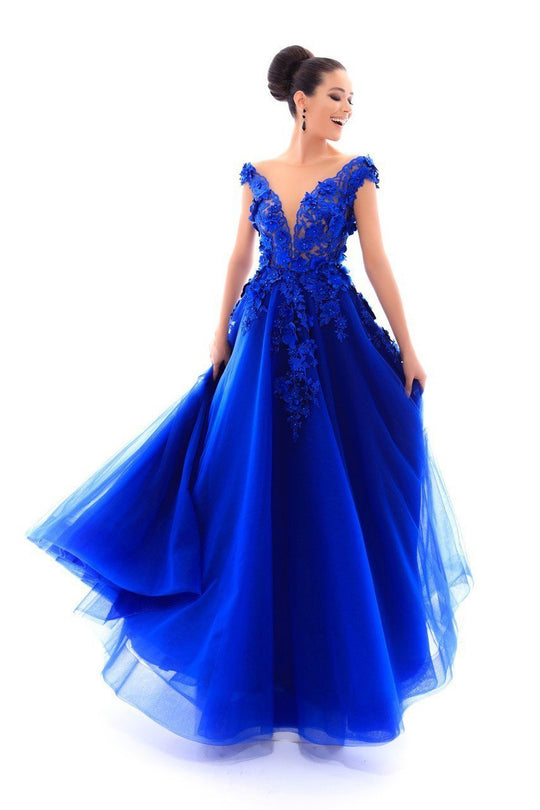 Tarik Ediz - 93490 Floral Applique Tulle Ballgown In Blue