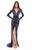 Tarik Ediz - 93609 Long Sleeve Lace Fitted Gown with Center Slit In Blue