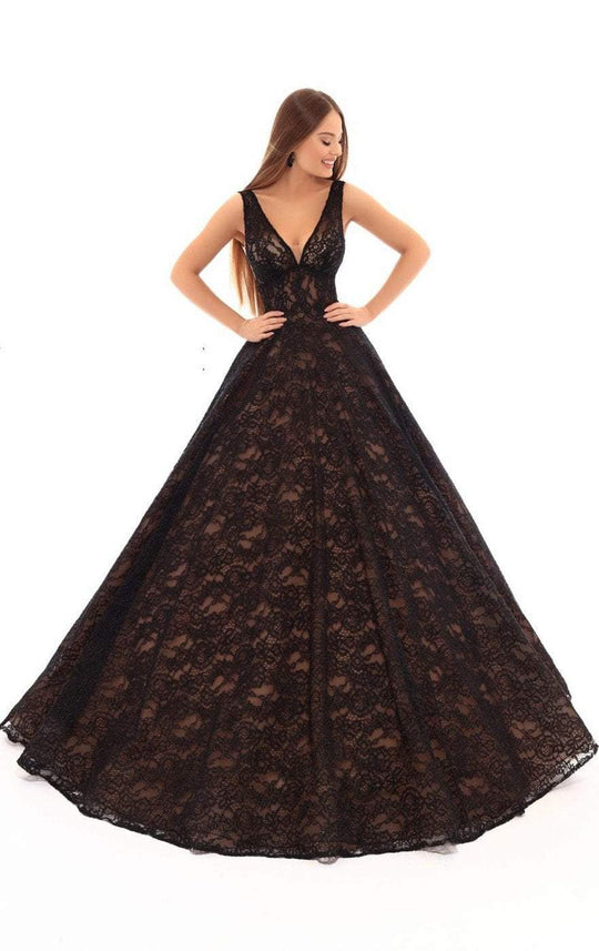 Tarik Ediz - 93617 Allover Divine Lace V Neck Sleeveless Ballgown In Black