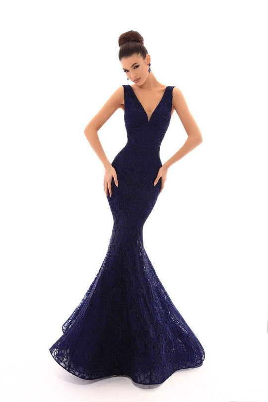 Tarik Ediz - 93620 Sleeveless V Neck Lace Mermaid Gown In Blue