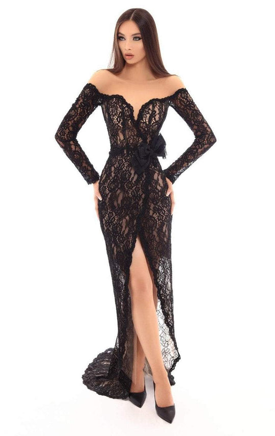 Tarik Ediz - 93625 Long Sleeve Illusion Lace Surplice Evening Dress In Black