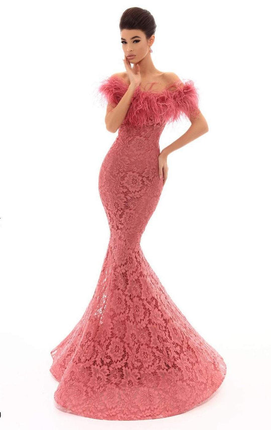 Tarik Ediz - 93635 Feather Ornate Off Shoulder Mermaid Gown In Pink