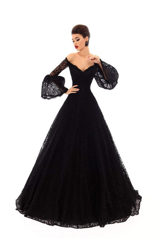 Tarik Ediz - 93686 Fully Lace Off-Shoulder A-line Dress In Black