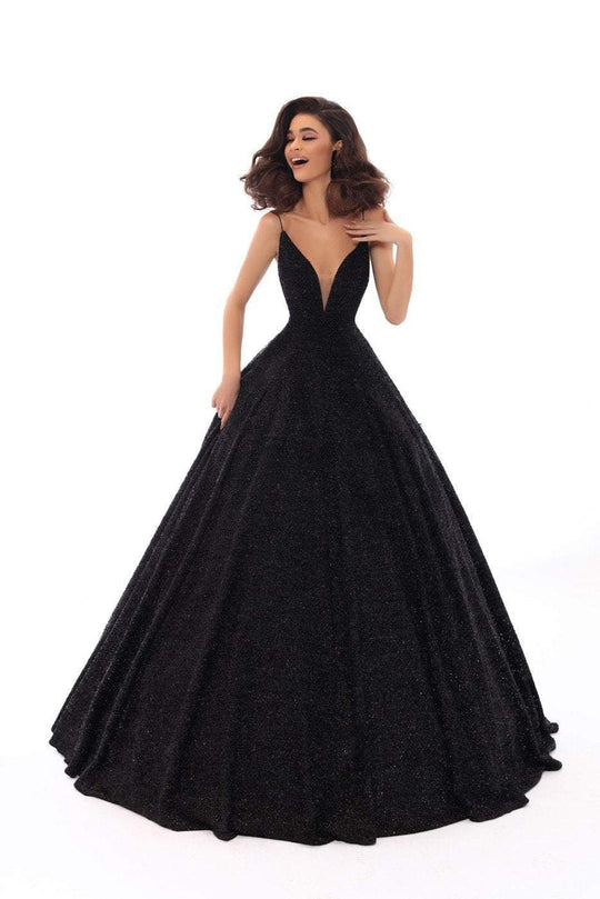 Tarik Ediz - 93690 Illusion Plunging Backless Sparkly Ballgown In Black