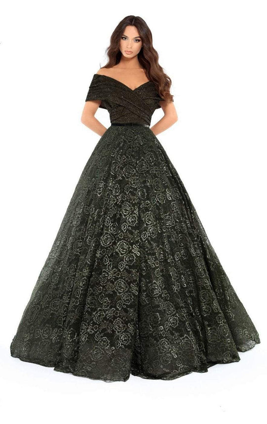 Tarik Ediz - 93712 Surplice Off Shoulder Glitter Floral Ballgown In Black