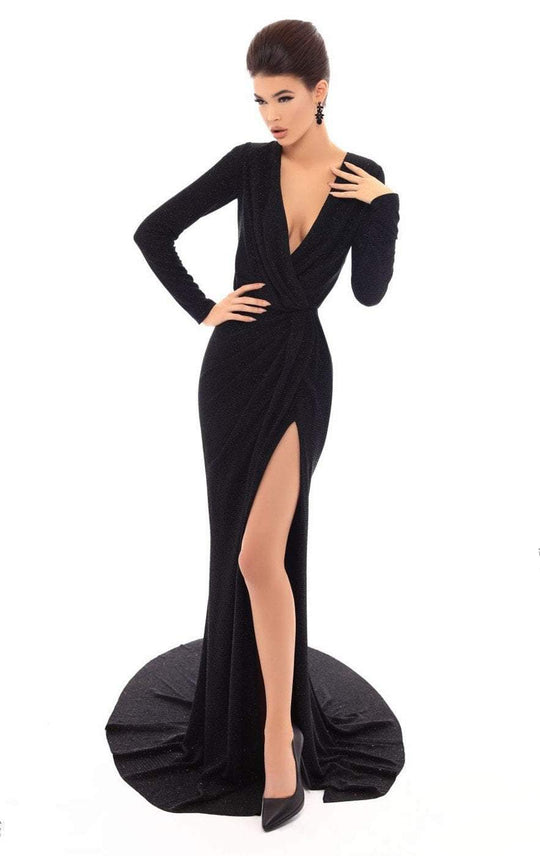 Tarik Ediz - 93717 Plunging Long Sleeves Gown with Slit In Black