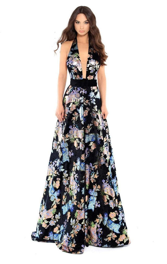 Tarik Ediz - 93727 Floral Plunging Halter A-Line Gown In Black