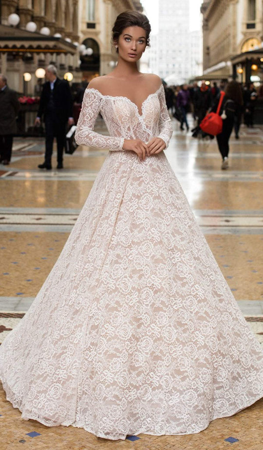 Tarik Ediz - 93729 Illusion Nude Shoulders Allover Lace Ballgown In White