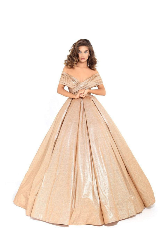 Tarik Ediz - 93730 Plunging Off-Shoulder Pleated Ballgown In Gold
