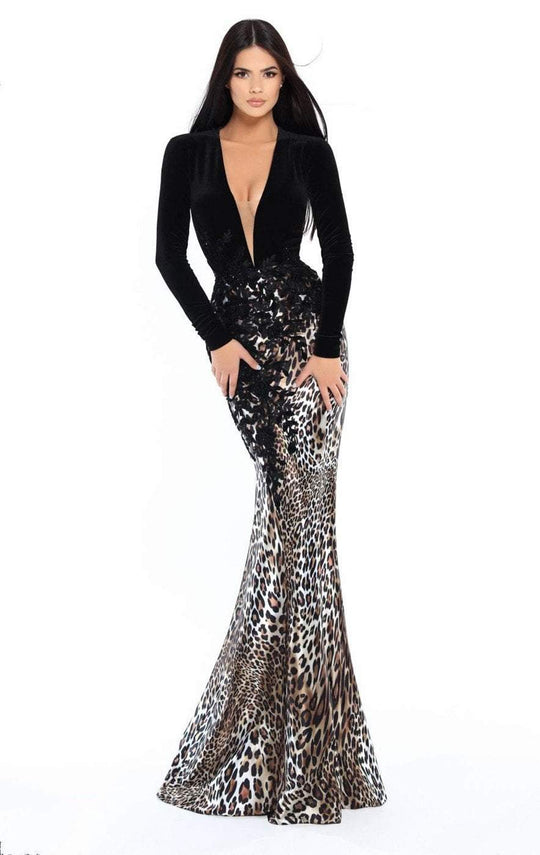 Tarik Ediz - 93747 Animal Printed Plunging Long Sleeves Dress In Black