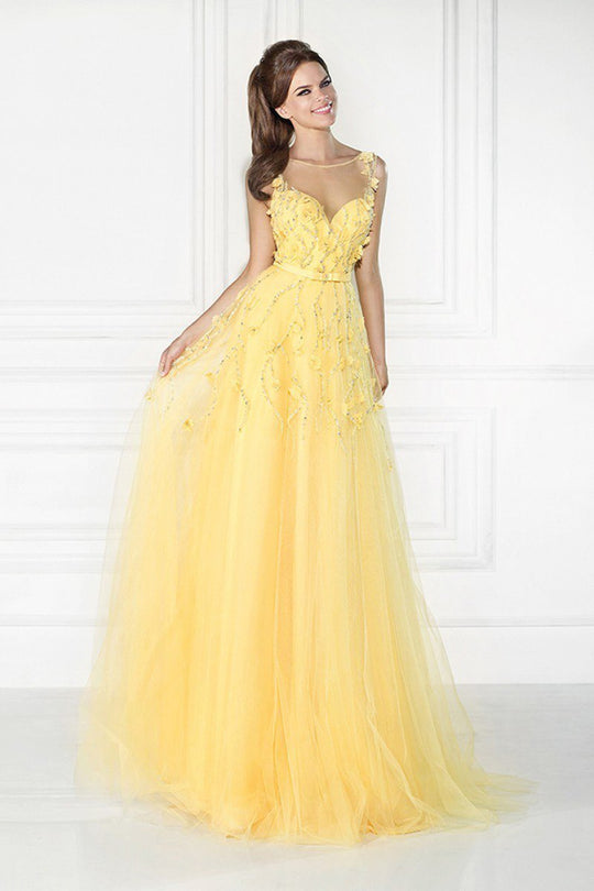 Tarik Ediz - Floral Illusion Bateau Neck Gown 92537 in Yellow